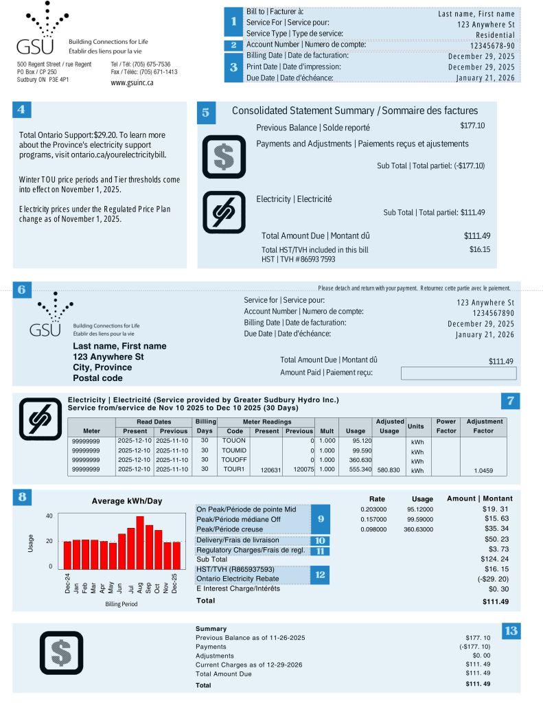 GSU greater sudbury utilities Time-of-use (TOU) bill sample