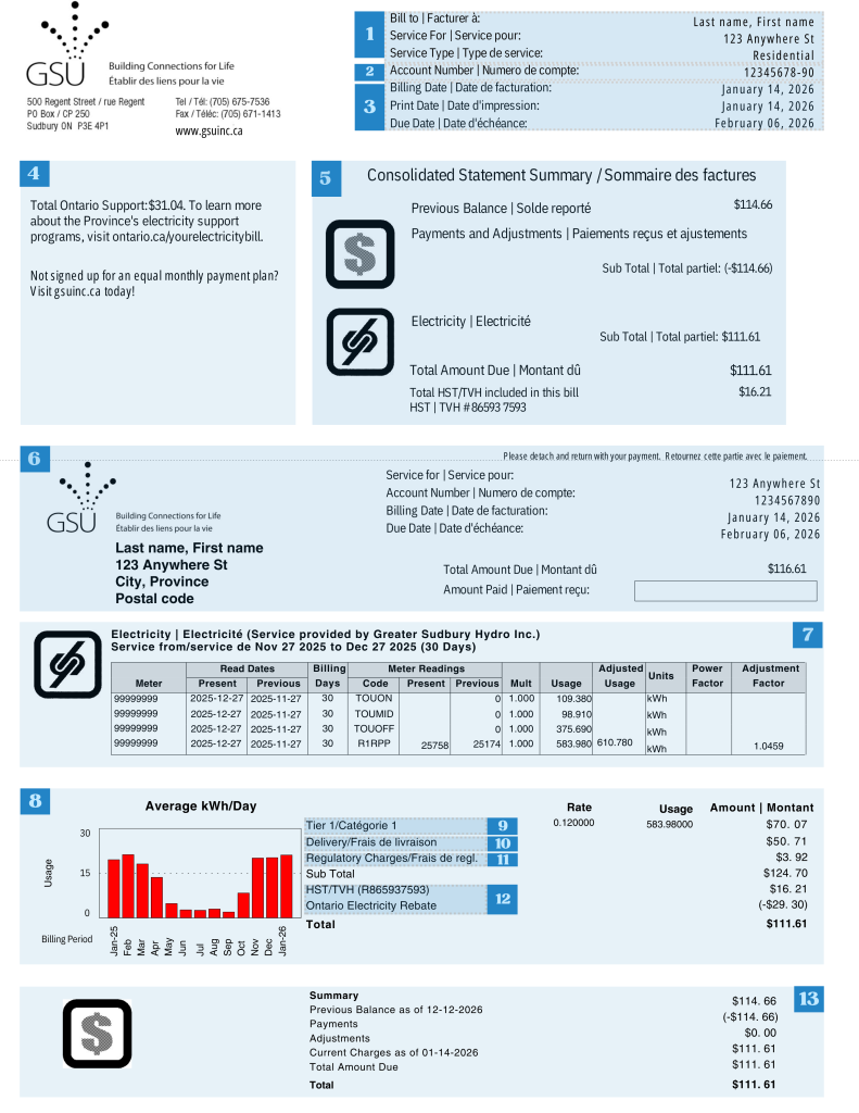 GSU greater sudbury utilities Tiered bill sample